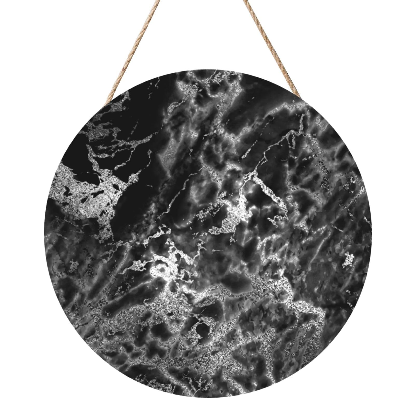 InOmak Black Silver Graphite Gray Marble, Round Wood Panel Painting 12 in, Wall Hanging Painting For Home