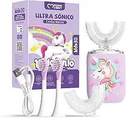 MOMODENT Escova de Dente Eletrica Infantil, 360° Graus, 5 Modos, 4 Cabeças de Escova, Recarregável, Silicone Macio em Formato U, Limpeza Suave, Proteção Gengival, Portátil e Divertida, IPX7