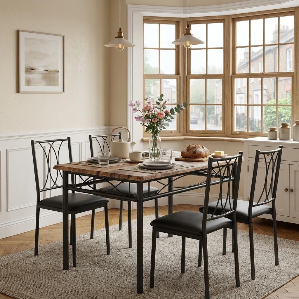 GarveeMore Dining Table and Chairs Set of 4, Space Saving Rectangular Kitchen Table with Upholstered Seats, 4 Seater Industrial Metal Stowaway Dining Room Furniture for Flats, Rustic Brown