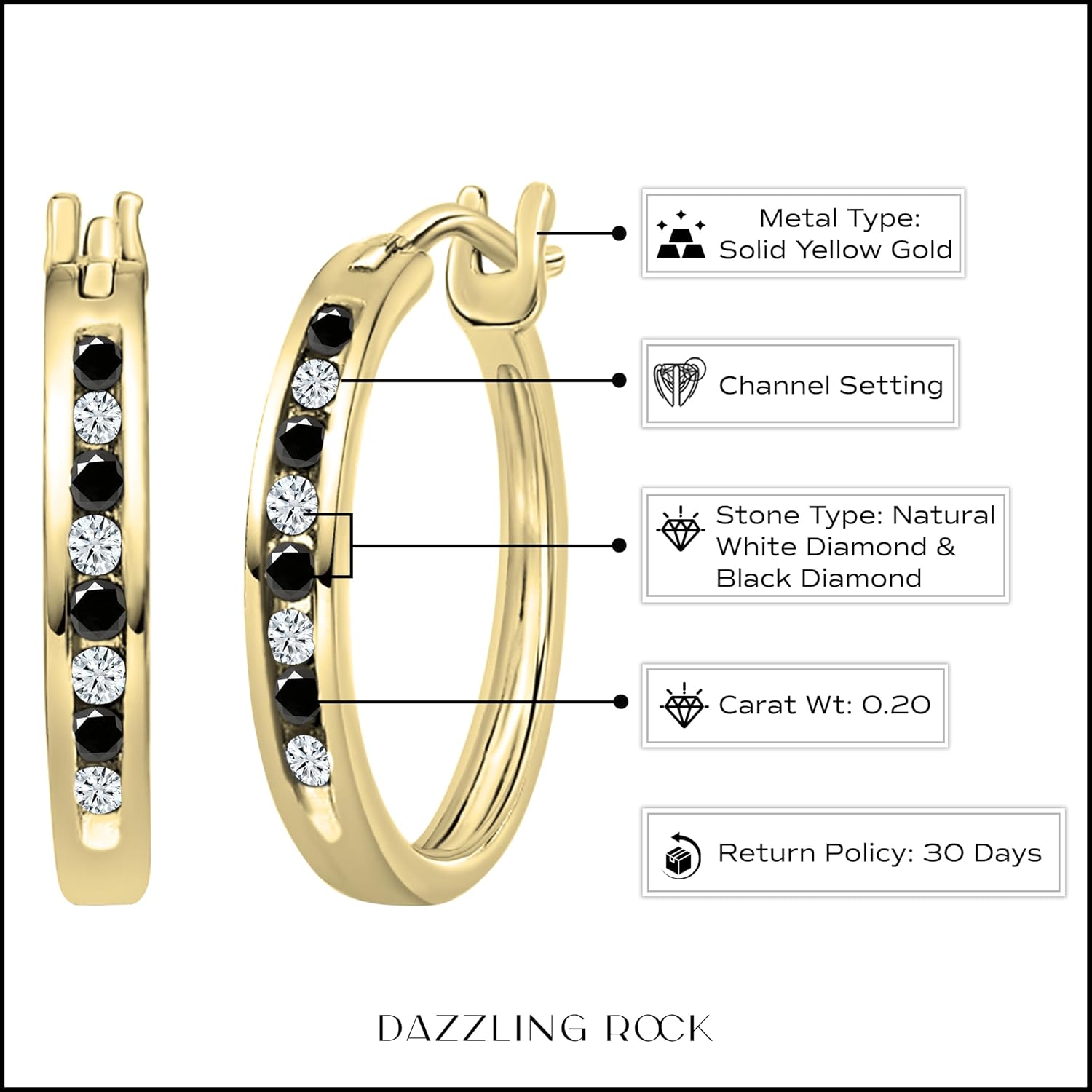 Dazzlingrock Collection 0.20 Ctw Round Natural Black & White Diamond Hoop Earrings for Women in 10K Yellow Real Solid Gold