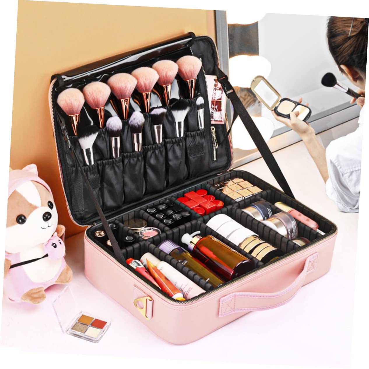 Estuche de Maquillaje Rosa de Gran Capacidad en PU