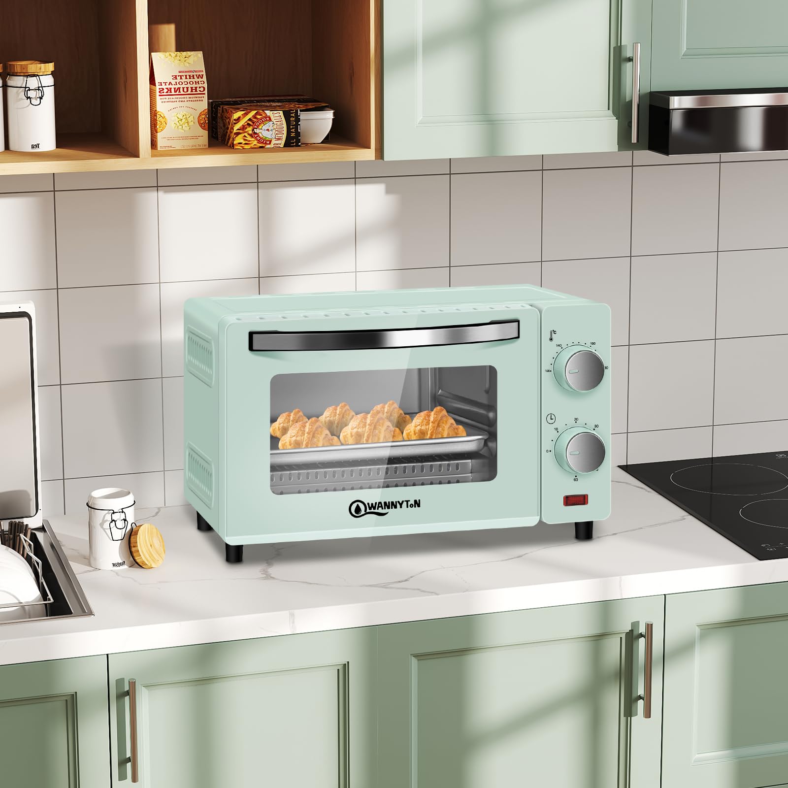 WANNYTON Mini piekarnik, piekarnik 10 l, 650 W, 100-230 °C, timer 0-60 min, w zestawie blacha do pieczenia, ruszt do grillowania, uchwyt do wyjmowania, podwójne szklane drzwi, piec do pizzy, ciast