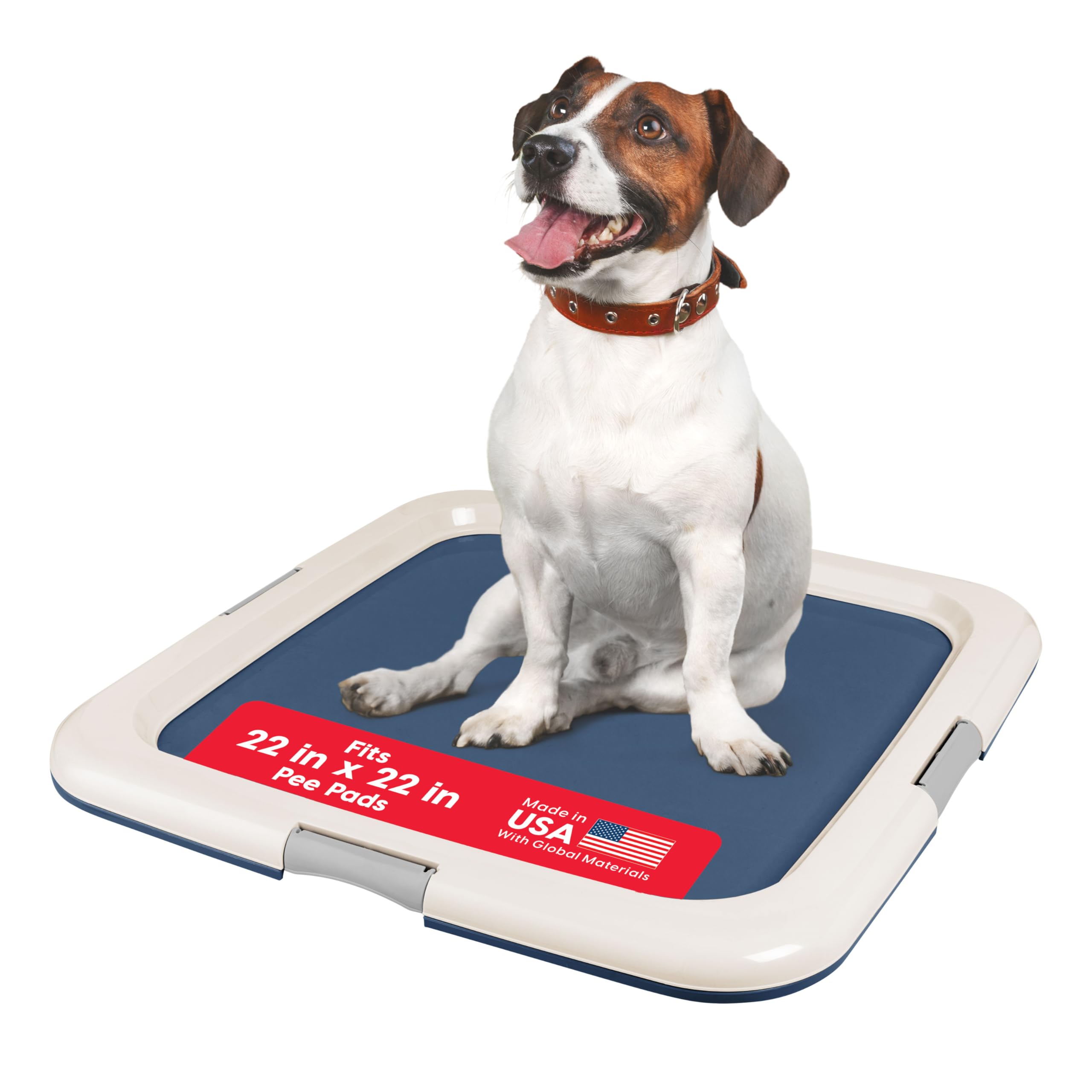 IRIS USA Pee Pad Holder - For Potty Training Regular Sized Dog & Puppy Pee Pads, Secured Latches, Non-Skid Feet, Leak Protection, Fits 22"x22" Pad or Larger, Square, Navy