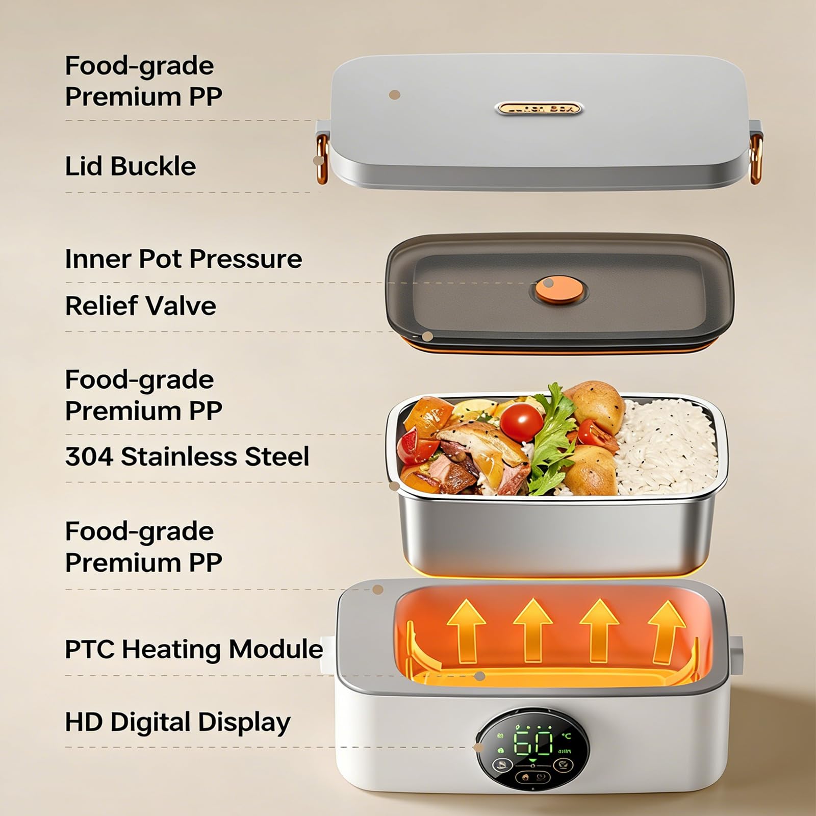 Scaldavivande elettrico di dimensioni individuali, con tecnologia di riscaldamento, contenitore per il pranzo isolato per studenti e contenitore per alimenti riscaldato professionale