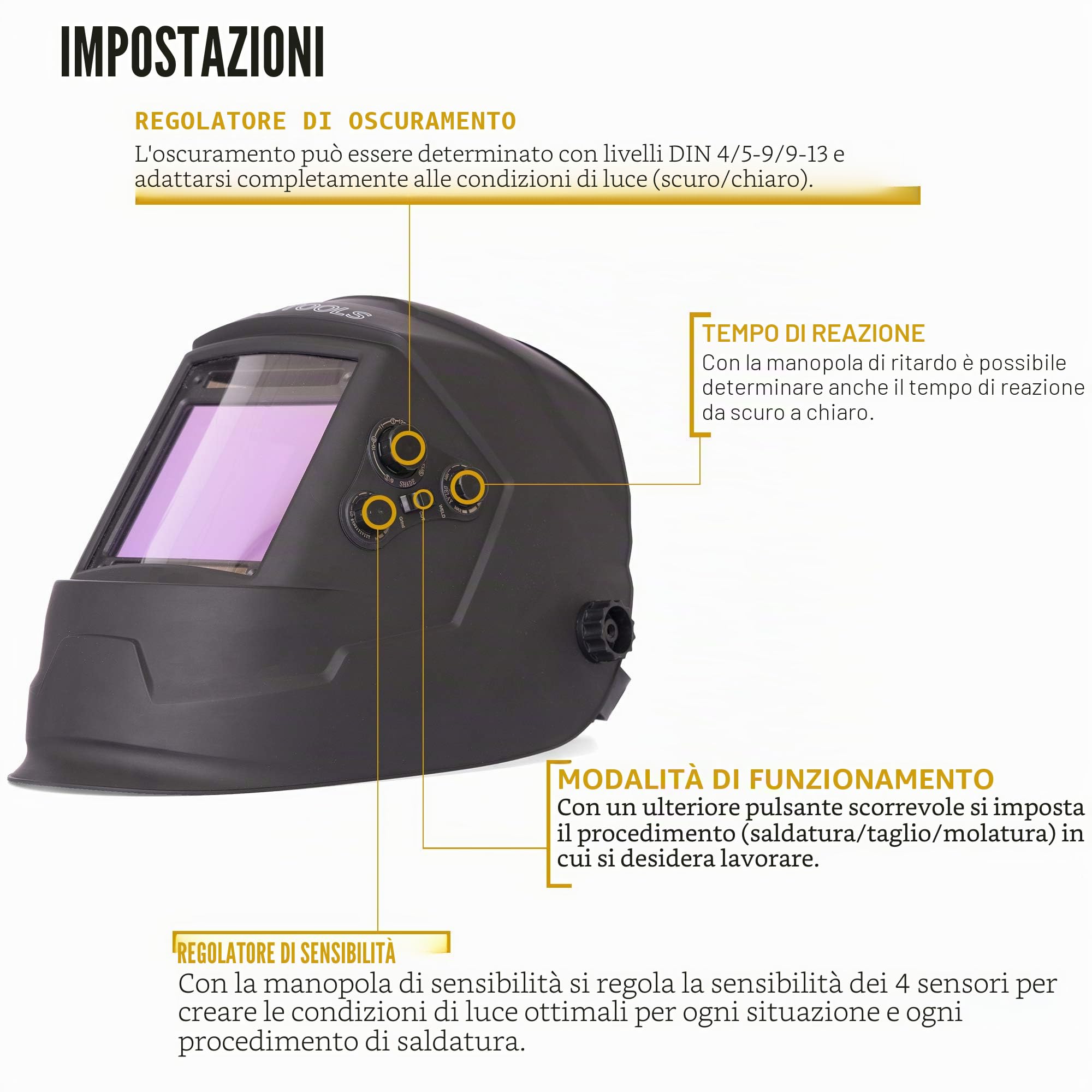 Casco da saldatura automatico IPOTOOLS LY800H – Maschera per saldatura con tecnologia True-Colour, campo visivo XXL (100 × 93 mm), classe ottica 1/1/1/1, e 4 sensori di alta qualità