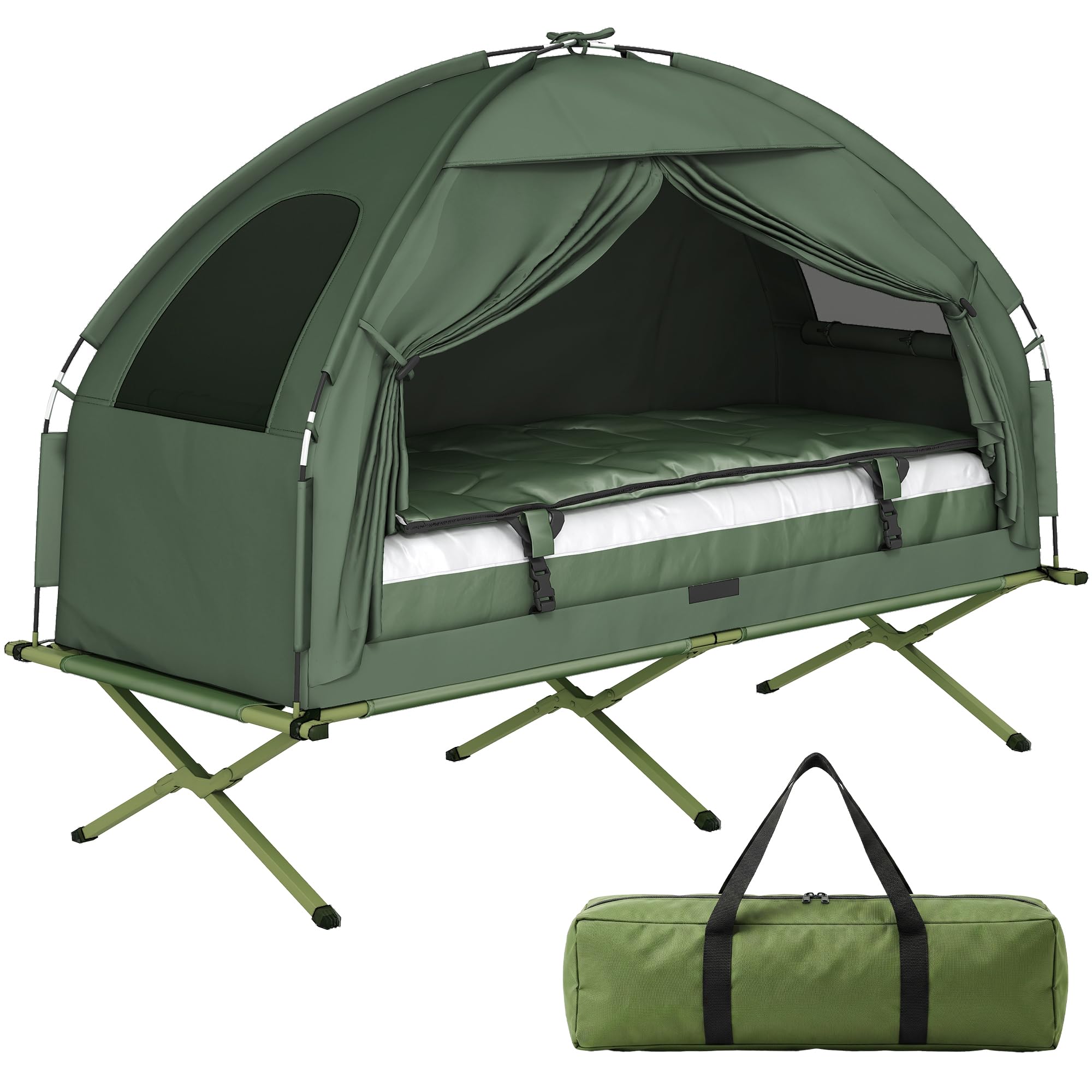 Outsunny SoBuy Feldbett mit Zelt Wurfzelt mit Luftpumpe, Matratze, Tragetasche, Schlafsack, Wasserdichtes Campingbett Extra Breit Outdoor Campingliege Dunkelgrün 193x86x160 cm bis 114 kg