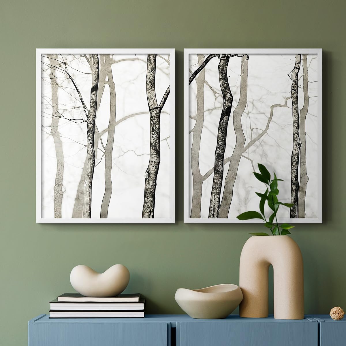 Renditions Gallery Set of 2 Peel & Stick Framed Prints, Abstract Wall Art, Bright Shadowed Tree Trunks Wall Decor, Re-Stickable - Ready to Hang - 16"x20" - White Frame LT585