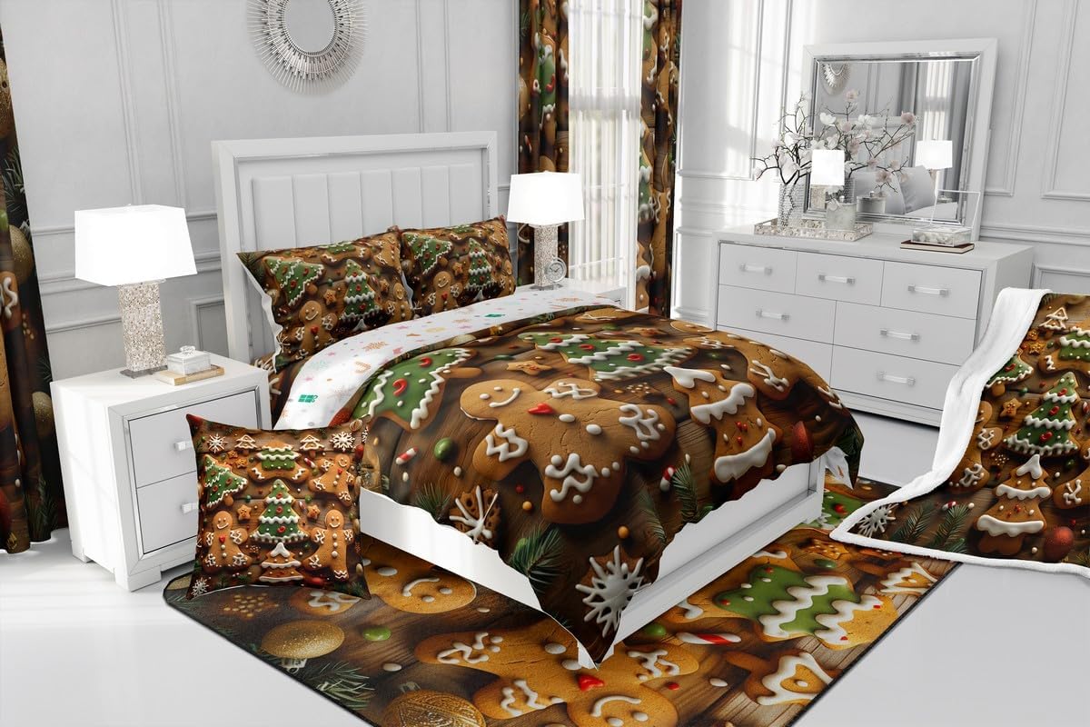 Gingerbread Man Duvet Cover Set Queen,Christmas Tree Abstract Art Bedding Set for Kid Boys Girls Room Decor,New Year Comforter Cover 3Pcs,Xmas Theme Retro Bedspreads Cover,2 Pillowcases(NO Comforter)
