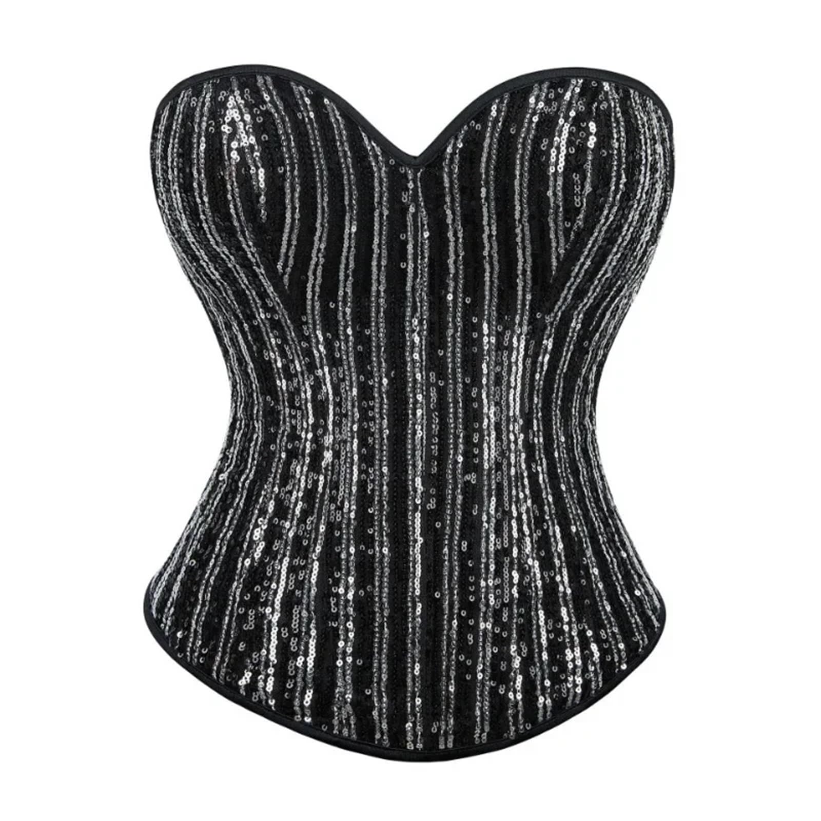 Liuhlfsr Women's Black Corsets Bustiers Sequin Corset With Zipper Overbust Burlesque Bustier Body Shaper Steampunk Corselet Basques(S)