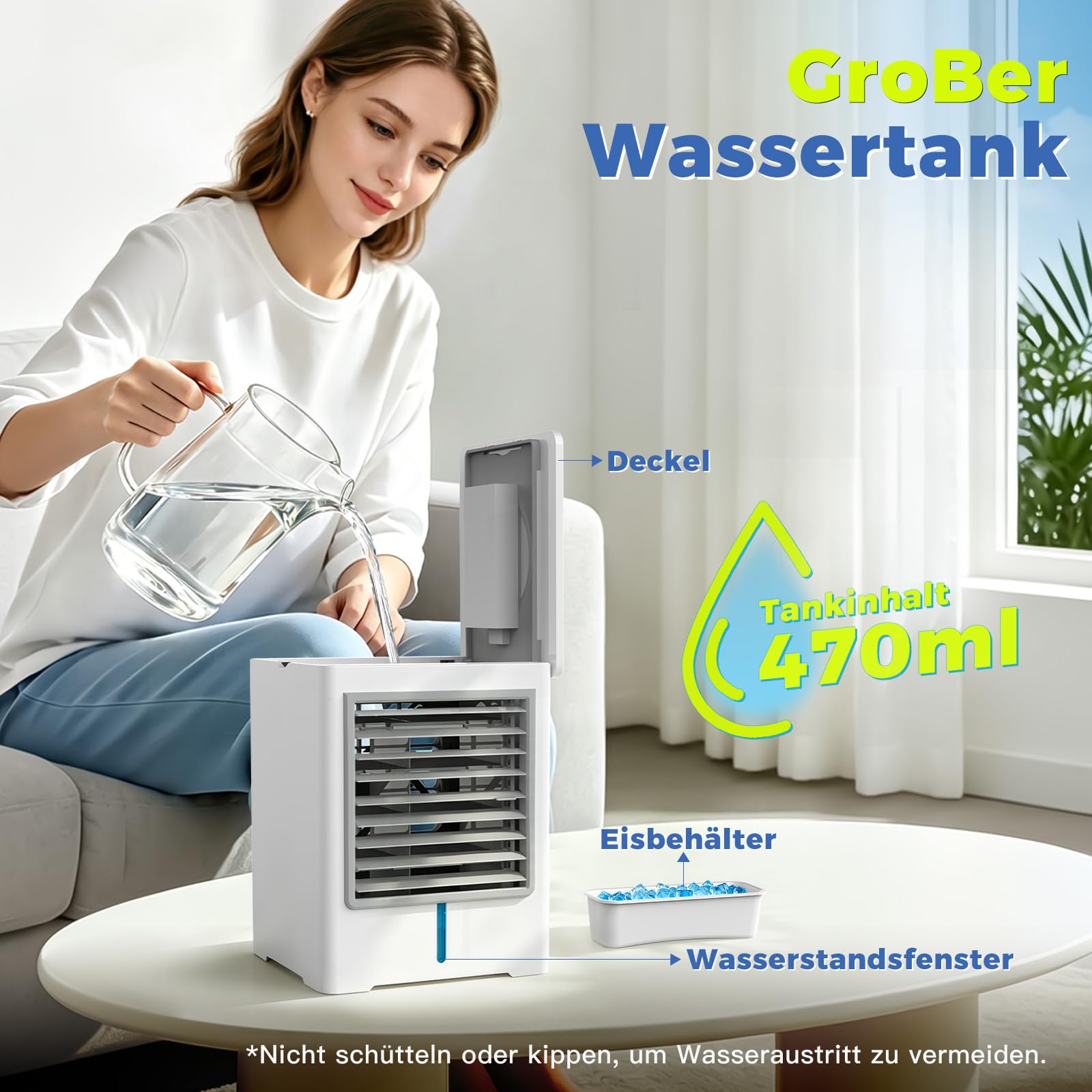 Klimaanlage Mobil ohne Abluftschlauch, 470 ml Luftkühler mit Wasserkühlung, USB Ventilator Leise mit 3 Stufen, Timer & Touchscreen, Mobiles Klimagerät für Schlafzimmer Zimmer Zuhause, Weiß