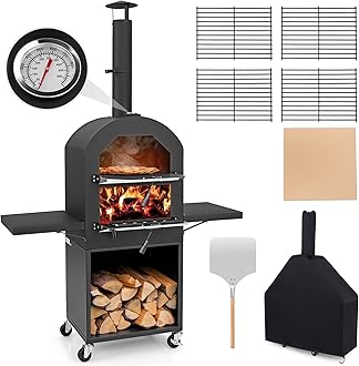 Pizza Oven Outdoor - Wood Fired Pizza Oven with 2 Side Tables, Pizza Stone, Pizza Peel, Cover, Cooking Grids, Pizza Maker on Wheels for Outside Charcoal Grill Backyard Party Camping