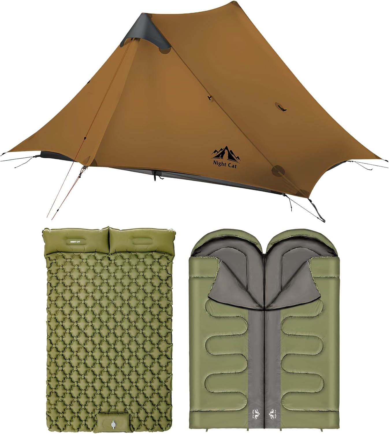 Night Cat Ultralight Tent 2 Persons with Double Sleeping Bag and Double Sleeping Pad for Professional Backpacker Hiker 3 LBS Only Heavy Rain Waterproof Trekking Pole Not Included