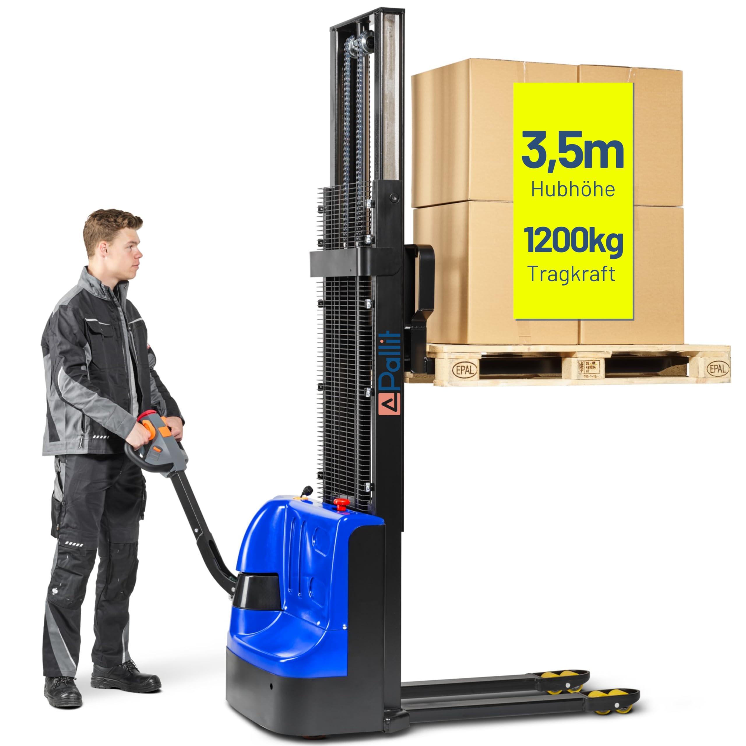 Pallit Budget-L Hochhubwagen Elektrisch Elektro Hubwagen 3500 mm Hubhöhe 1200 kg Tragkraft Flexibler & Wendiger Elektrischer Stapler inkl. 2 Blei-Gel-Batterien mit 100 Ah
