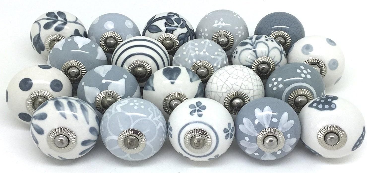 Knobs Grey & White Cream Rare Hand Painted Ceramic Knobs Cabinet Drawer Pull Pulls (12 Knobs)