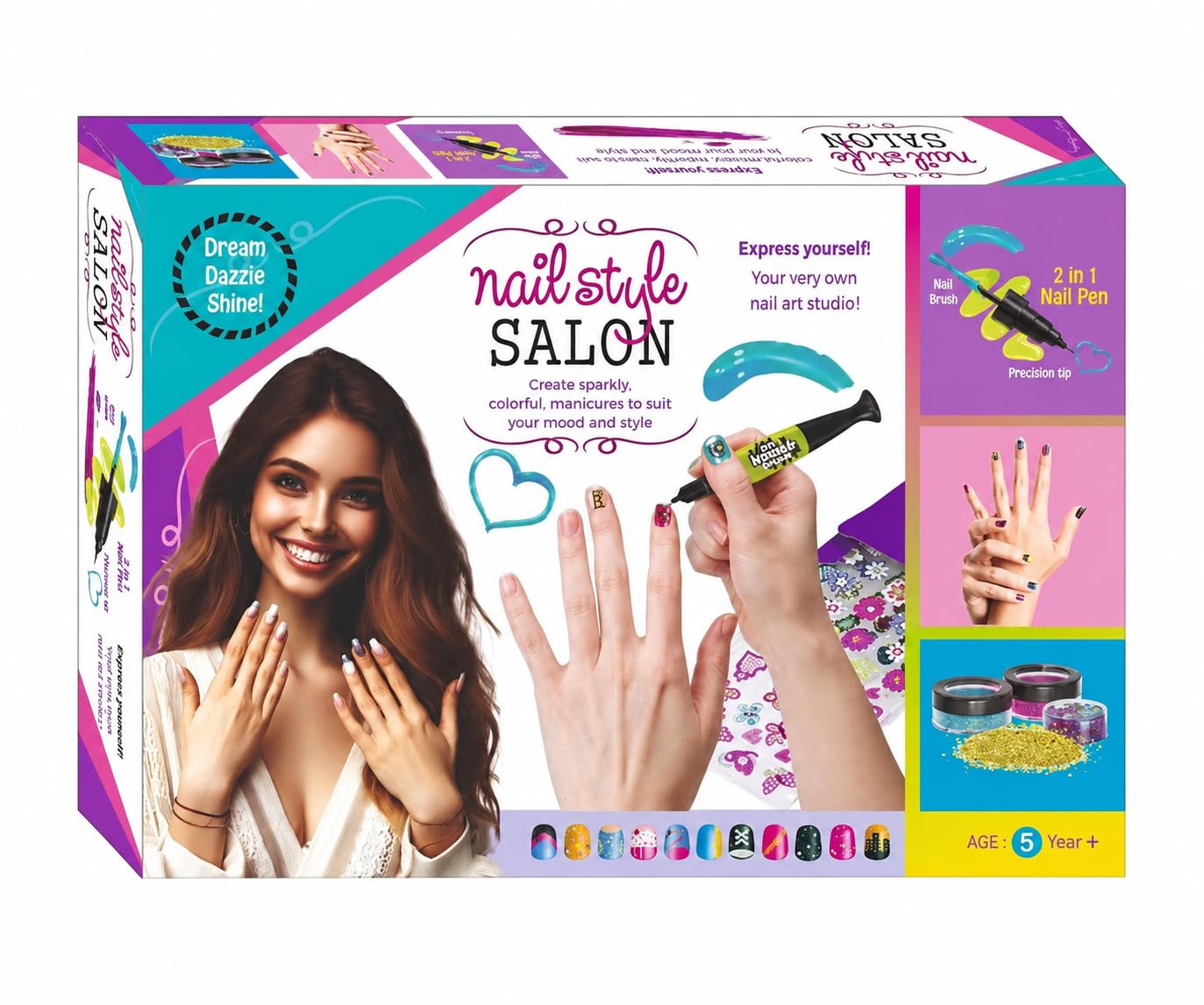 Nail Style Salon Nail Art Kit for Girls | DIY Nail Design Set with 2-in-1 Nail Art Pen, Nail Brush, Glitter Powder, Nail Stickers & Decorations | Creative Beauty Gift for Kids Ages 5+-image-27
