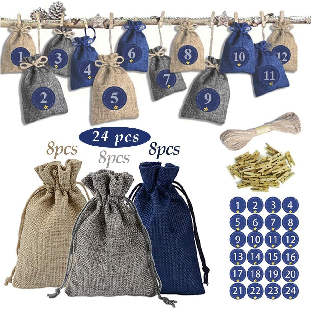 ZoneYan DIY 24 Advent Calendar Cloth Bag, Christmas countdown hanging advent calendar bags, Christmas Theme Fabric Bag Countdown Calendar