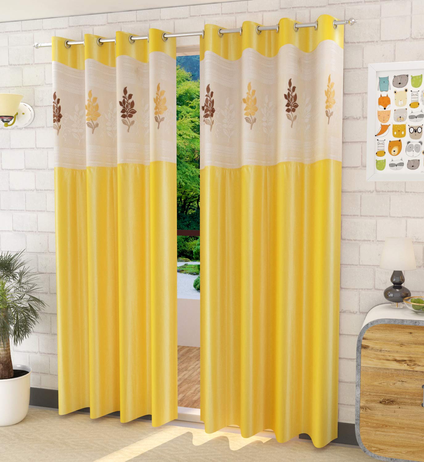 Kiara Creations Polyester Floral Net Patch Curtains for Window- 5 Feet (Pack of 1) Yellow