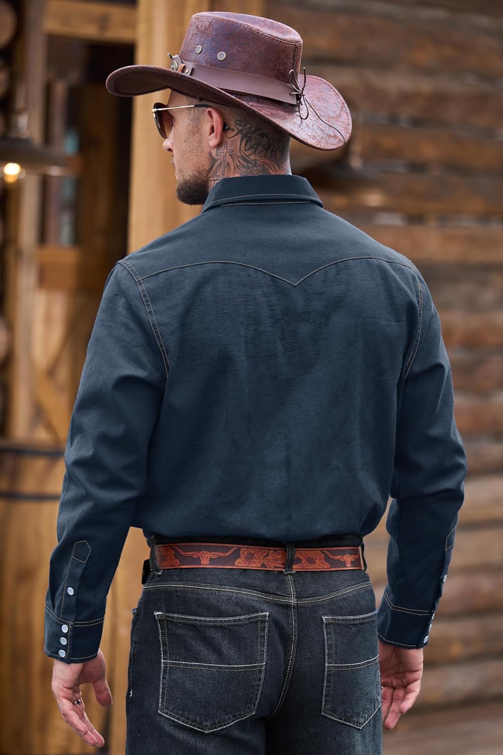 Mens Western Pearl Snap Shirt Cotton Blend Cowboy Style Long Sleeve Button Shirts - Image 5