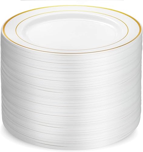 Munfix Juego de 100 platos de plástico dorados, 10 pulgadas, elegantes platos desechables para fiestas, bodas, color blanco con borde dorado