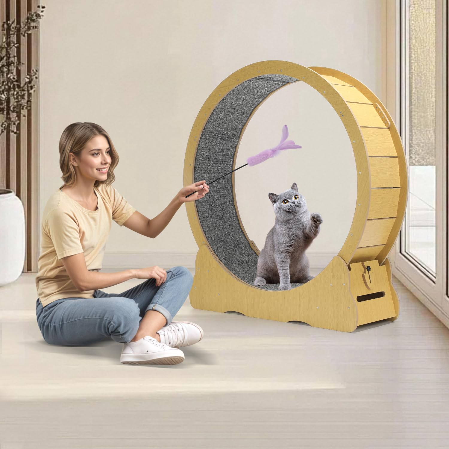 100cm Katzenlaufrad Indoor, großes Katzenrad aus Holz mit Teaser, leises Laufrad für Katzen 2-22kg, Katzen Treadmill mit Sicherheitsschloss & Rutschfester Lauffläche, für Wohnung und Haus, Gelb