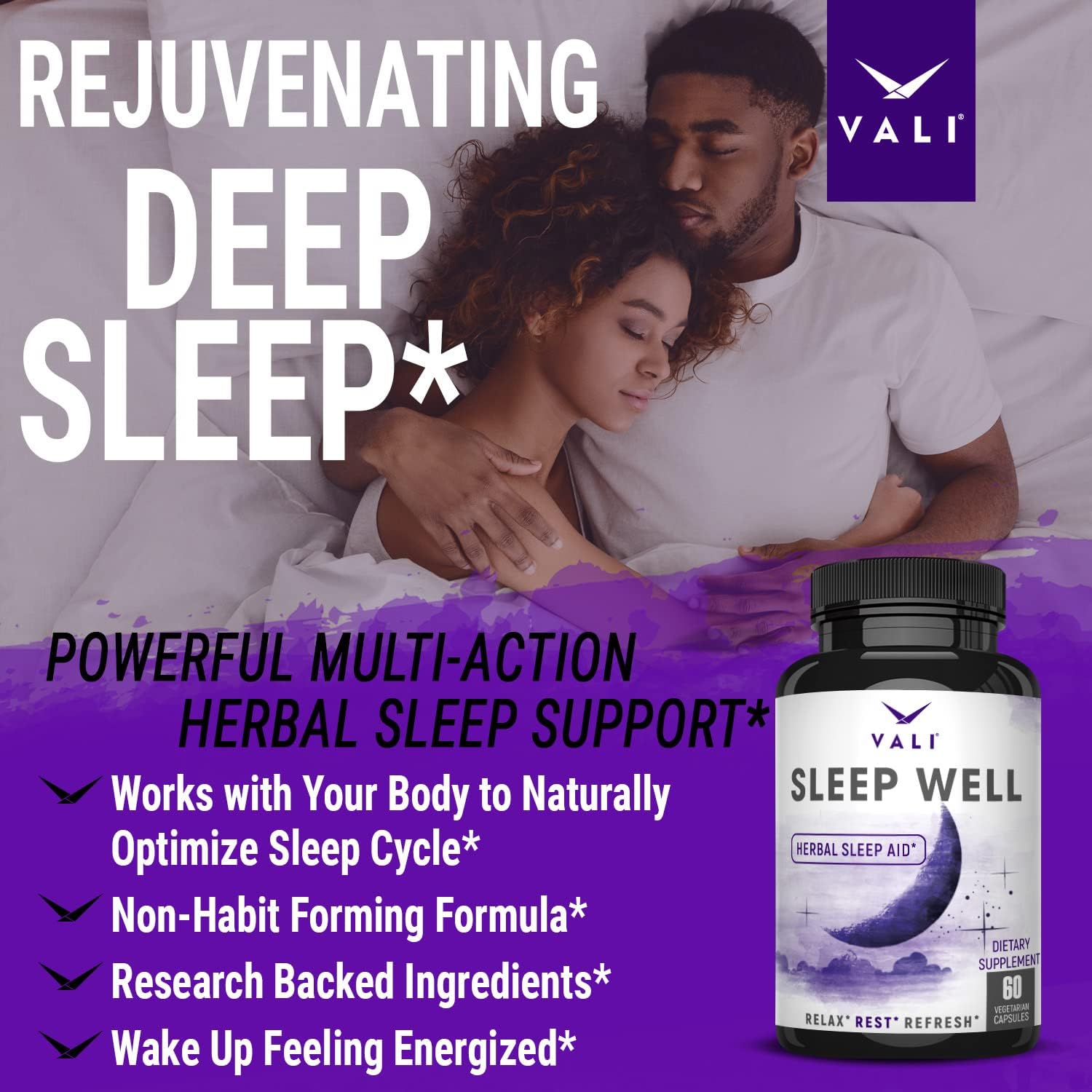 VALI Sleep Well Herbal Sleep Pills Nighttime Deep Sleep Support. Vegan Sleeping Supplement for Adults with Melatonin, Magnesium & Valerian. Extra Strength Bedtime Stack to Relax. 60 Veggie Capsules