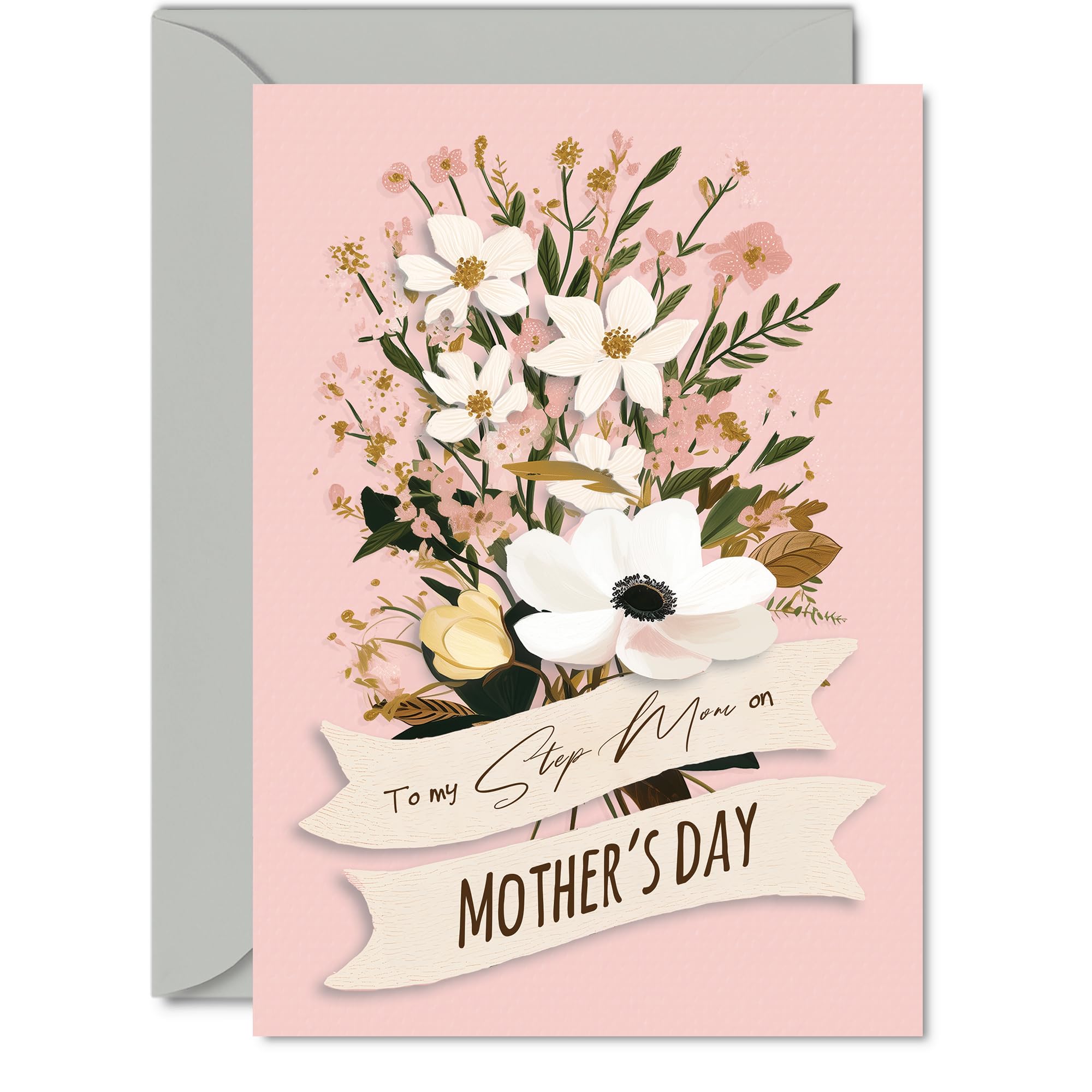Step Mom Mothers Day Card - For Everything - Happy Mothers Day Card for Step Mom from Son Daughter, A5 Elegant Floral Bouquet Bday Greeting Cards
