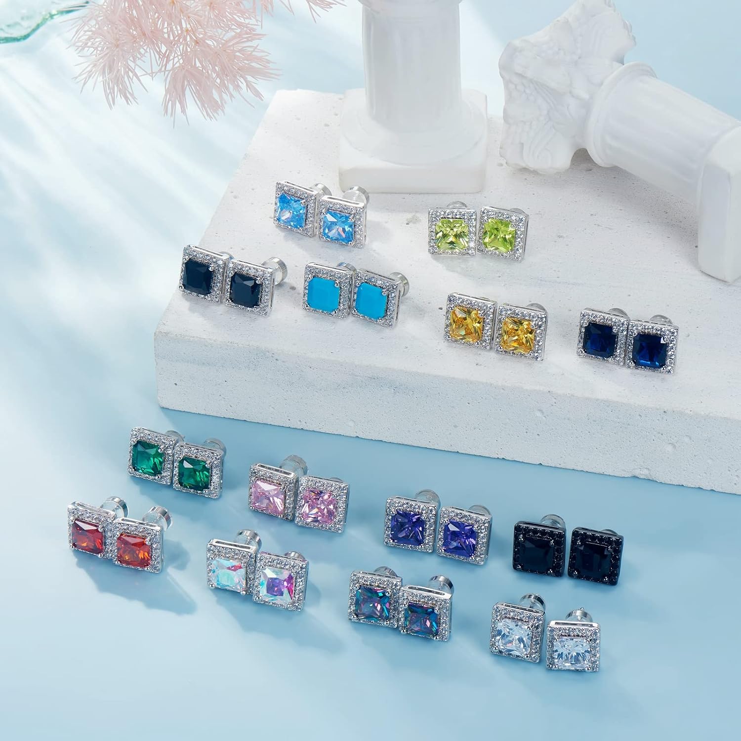 Stud Earrings For Women Men 2 Pairs Sterling Silver Post Gold Plated Round Princess Cut Multcolors Cubic Zirconia CZ Birthstone Jewelry Gifts weinuo