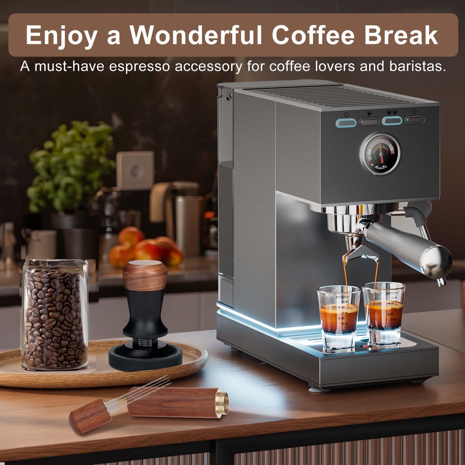 Zestaw Espresso 51 mm 3 w 1, tamper 51 mm z drewnianym uchwytem | Kompletny zestaw: Tamper 51mm, WDT, silikonowa mata do domowej kawy