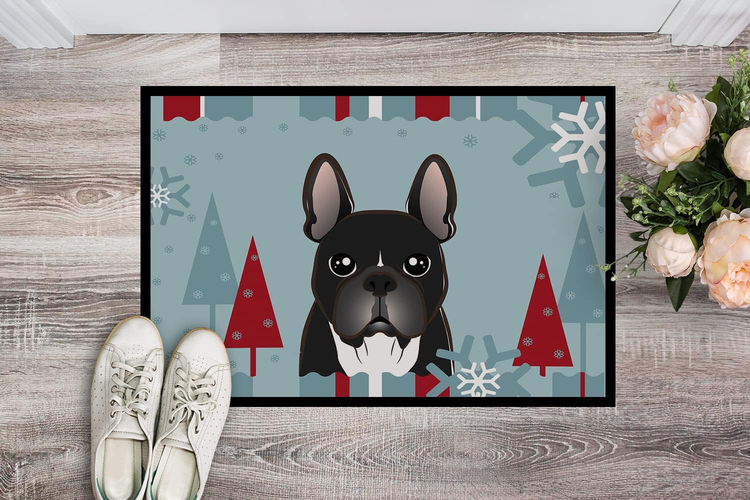 Caroline's Treasures BB1723MAT Winter Holiday French Bulldog Doormat 18x27 Front Door Mat Indoor Outdoor Rugs for Entryway, Non Slip Washable Low Pile, 18H X 27W