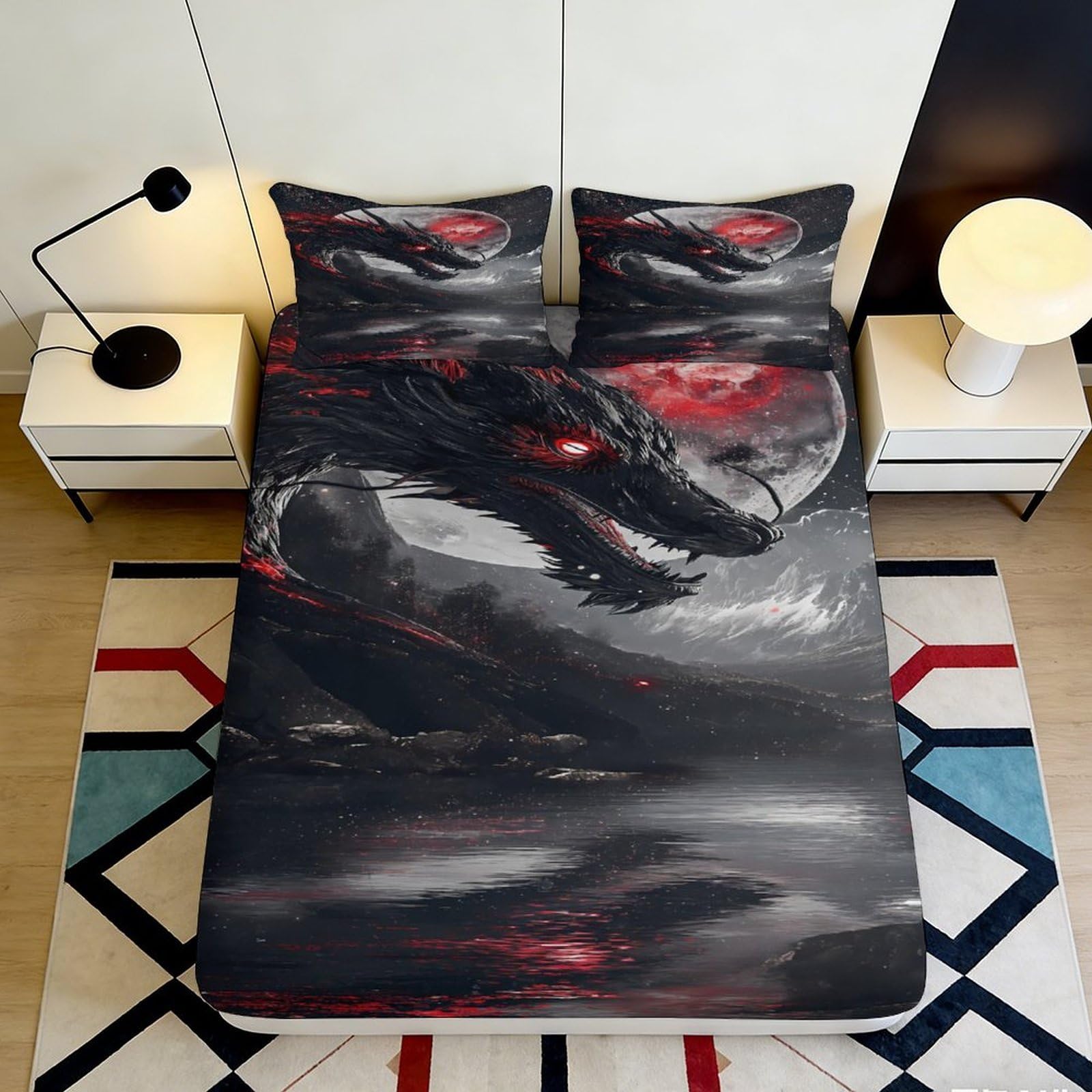 3D Printed Black Red Dragon Fitted Sheet Microfiber Bedroom Decor Artistic Mattress Cover for Home Dorm Use 90x200x25cm