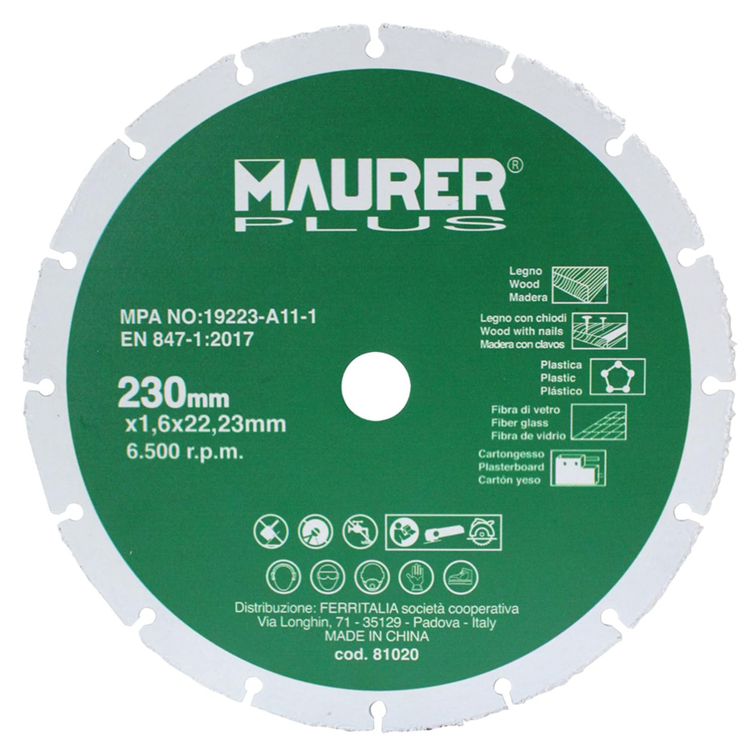 MAURER - Disco De Corte Para Madera y Plasticos Ø 230 x 1,​6 mm.