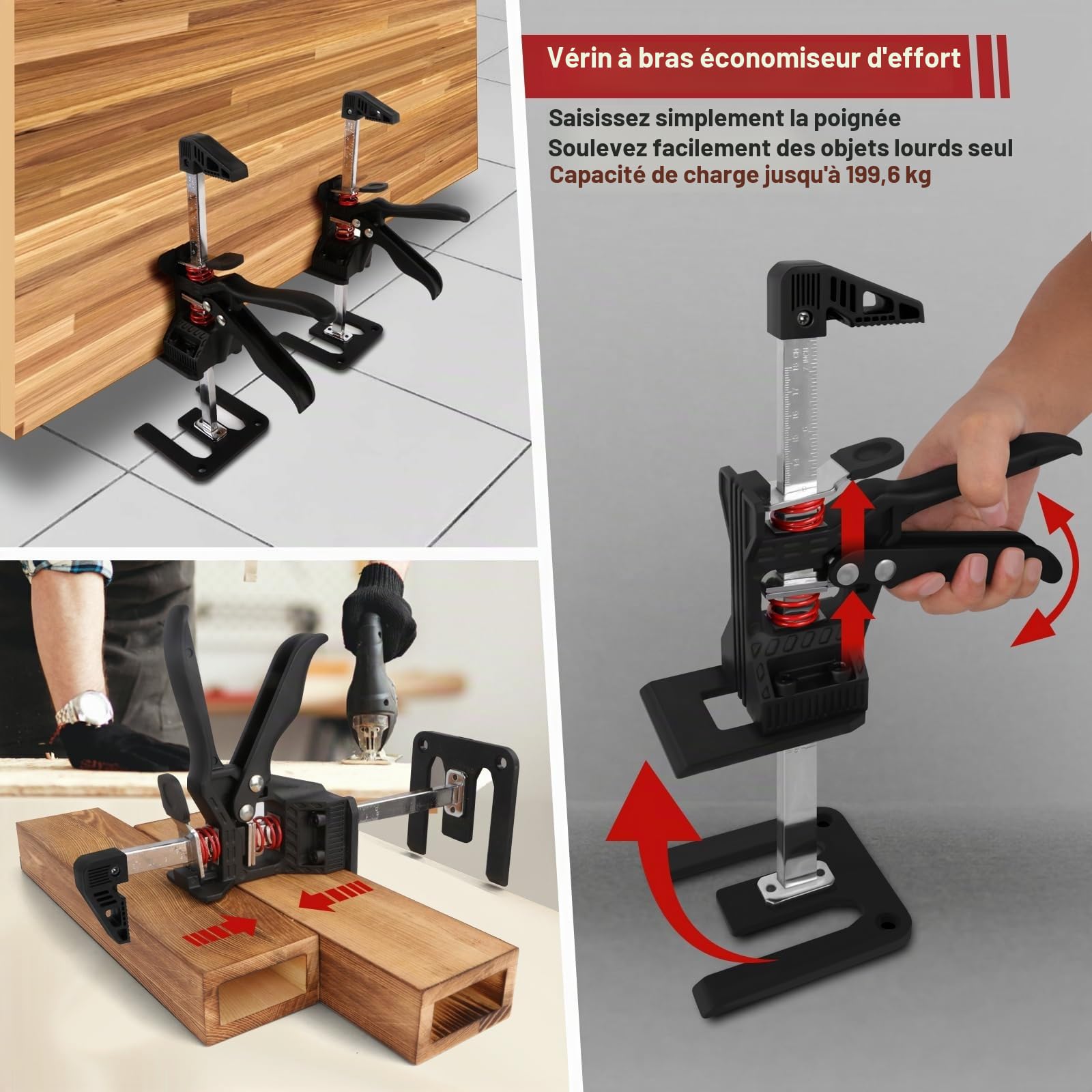 Lot de 2 Vérins à Bras pour Économiser de la Main-d'œuvre - Élévateur à Main pour Installer Armoires, Sols et Fenêtres - Outil de Levage pour Meubles - Charge de 200 kg