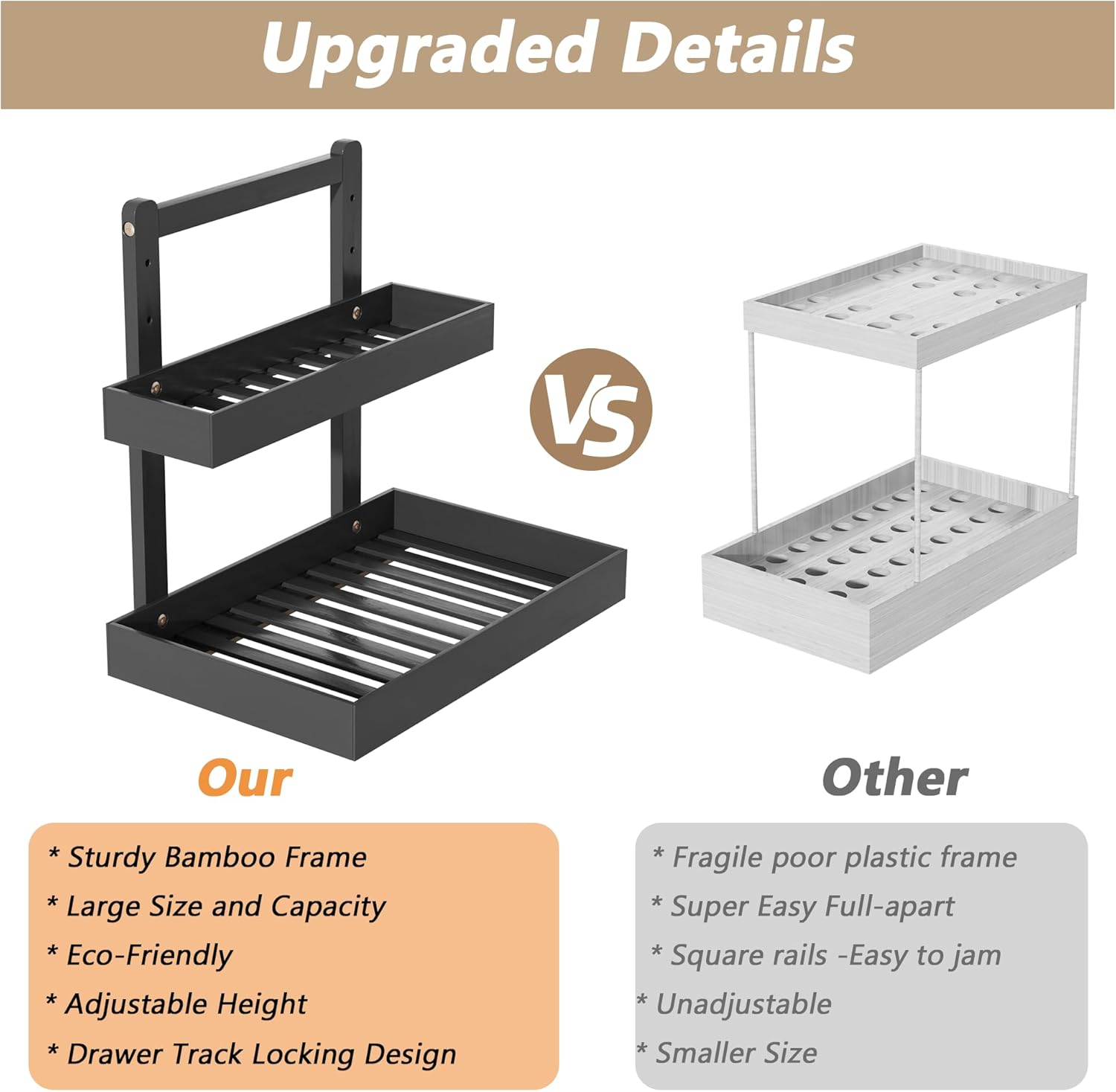 Bamboo Under Sink Organizer and Storage, 2 Tier Pull Out Cabinet Organizer, Slide Out Under Sink Storage Shelf, Undersink Organizers Shelves for Kitchen Bathroom Organization (Black, 2 Packs) - Image 5