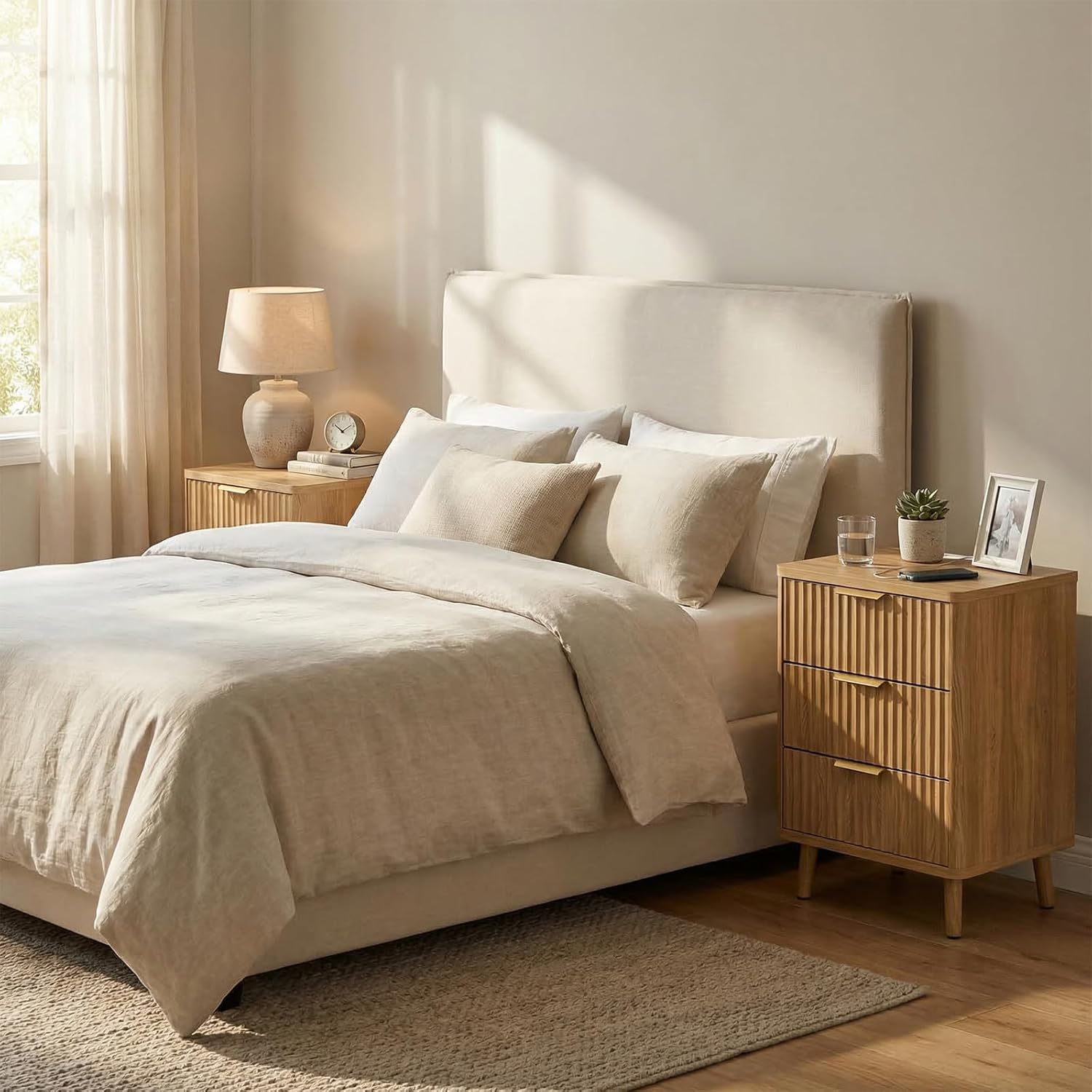 Fluted Nightstand with Charging Station, Modern Bedside Table with 3 Large Storage Drawers,Modern Wood Bedside Table for the Bedroom, Living Room, or Dorm, Natural Oak