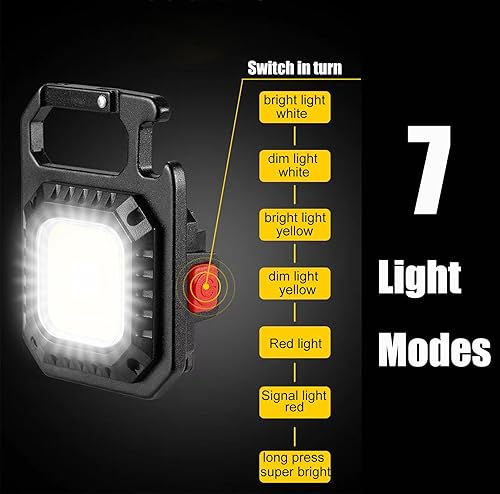 Miniatura 3 de Cob Mini llavero linternas de 2000 lúmenes, 7 modos, luz recargable con soporte plegable, linterna al aire libre como abrebotellas y base magnética,