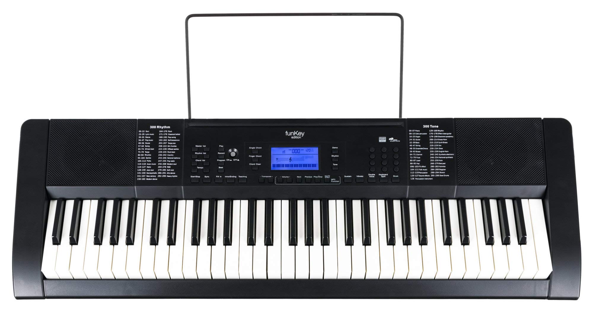 FunKey 61 Edition Pro Schwarz Set inkl. Keyboardständer + Bank, 300 Sounds | 300 Rhythmen, 40 Demosongs, Sustain, Vibrato, Double Voice, Transpose, Tastatur-Split, Intro/Ending, Drum, Aufnahmefunktion