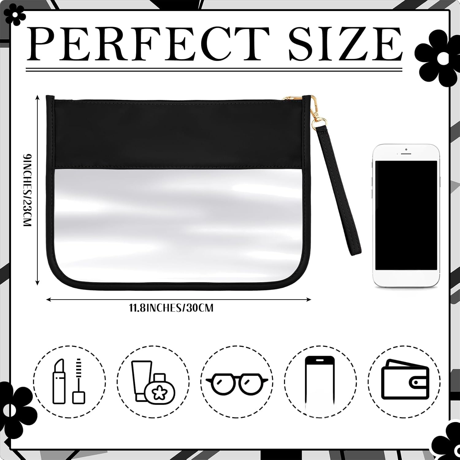 Paterr 6 Pcs Preppy Clear Flat Makeup Bag Pouch for Travel with Zipper PVC Waterproof Snack Bag Accessories DIY Cosmetic Travel Toiletry Purse for Women Girls(Black)