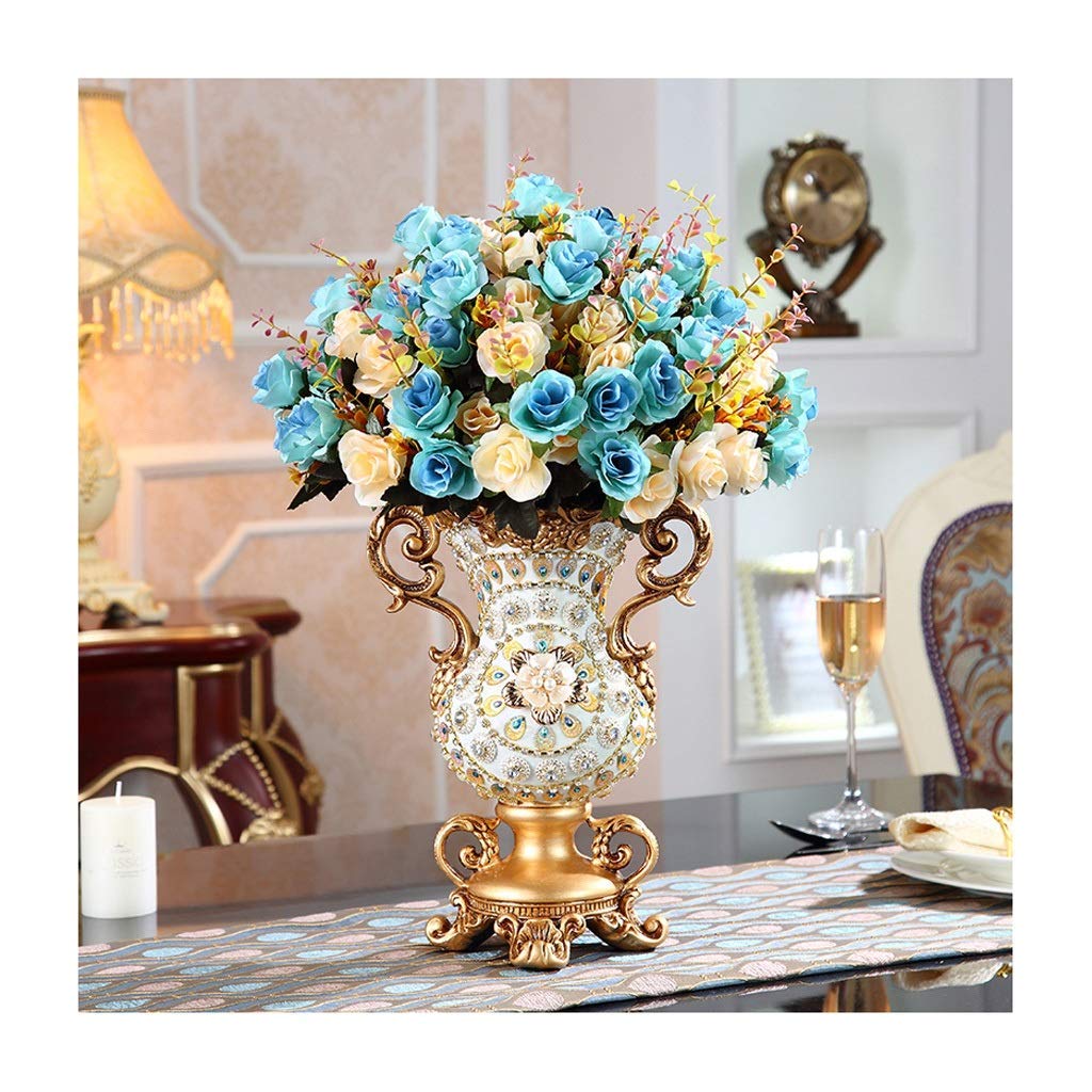 XDLEDMKIZ Realistic Artificial Flower Artificial Rose Fake Flower Artificial Flower Bouquet Luxury Resin Vase Arrangement Home Porch Decoration Bouquet Silk Fake Flower