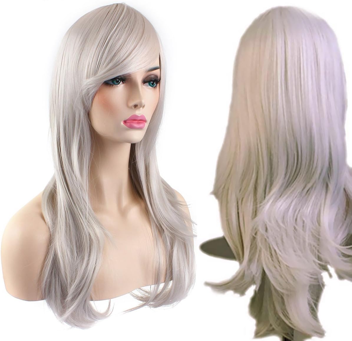 AKStore Women's Heat Resistant 28-Inch 70cm Long Curly Hair Wig with Wig Cap, White