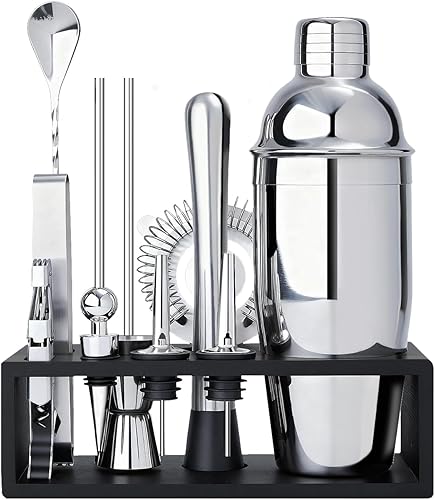 TNGO - Juego de coctelera  Kit de camarero Mixology con soporte elegante  Juego de herramientas de barra de alta calidad, todos los accesorios de