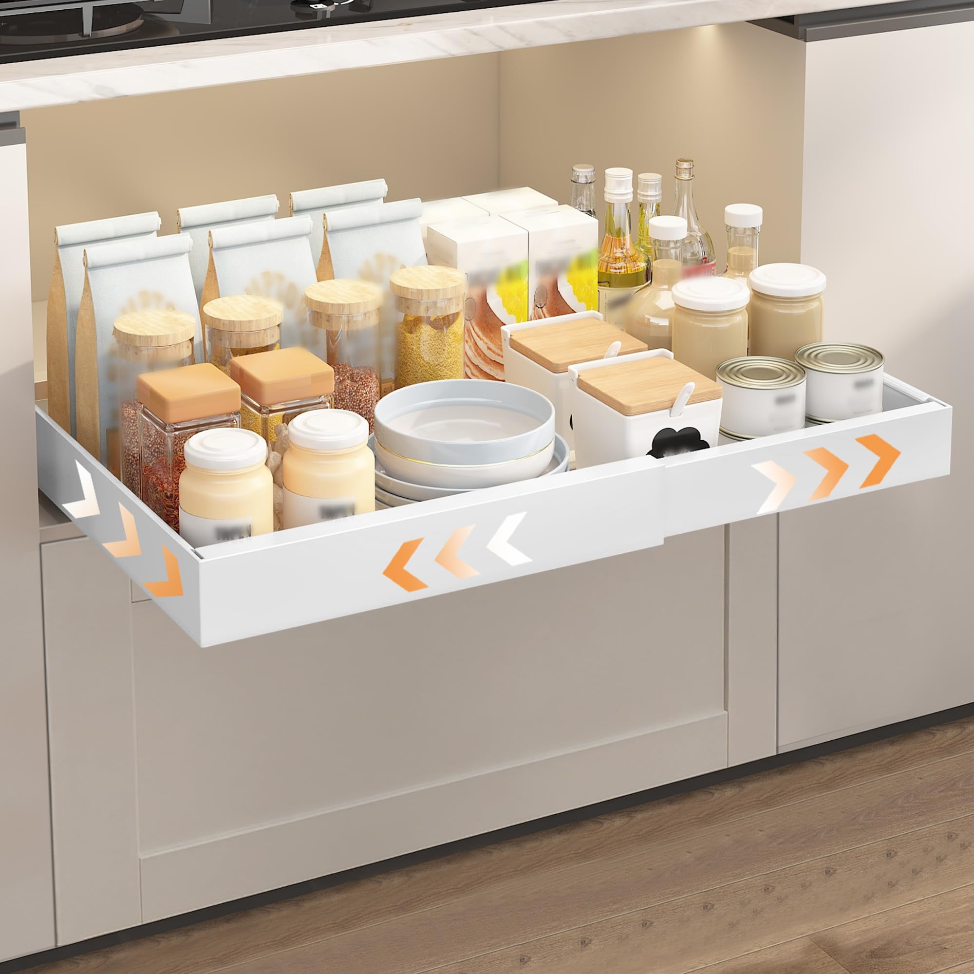 OUUTMEE 1 Pack Expandable Pull Out Cabinet Organizer Adhesive, 3 Slide Rails Slide Out Drawers for Kitchen Cabinets, No Drill Slide out Shelf for Home Kitchen Pantry, Adjustable Width 32-52CM (White)