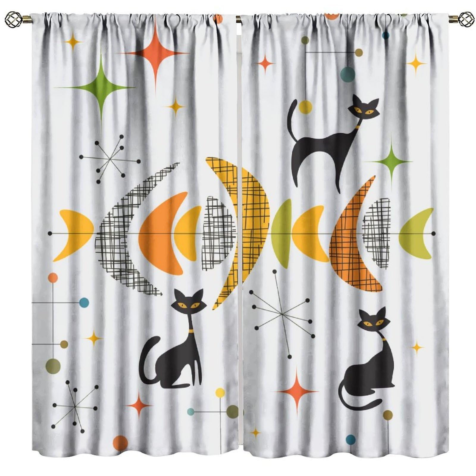 Mid Century Modern Blackout Curtain, Retro Geometric Atomic Abstract Black Cat Pattern Middle Century 1950s 1960s Colorful for Home Kitchen Livingroom Coffee Room Window Drapes 2Panel 63"W X 63"L
