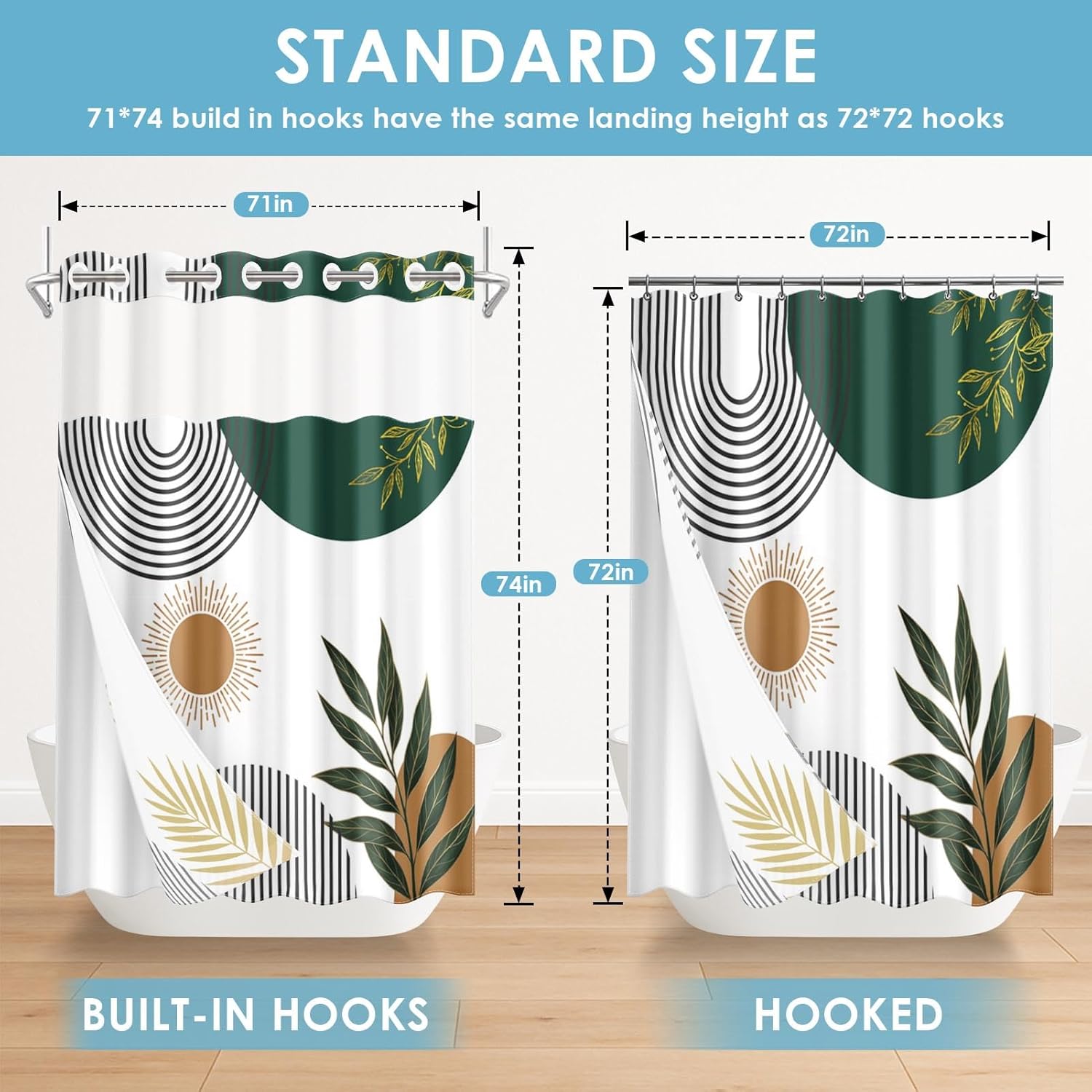 No Hook Mid Century Green Boho Shower Curtain with Snap in Fabric Liner, Abstract Sun Arch Curve Leaves Geometric Double Layers Waterproof with See Through Top Window Bath Curtain 71x74 Inch