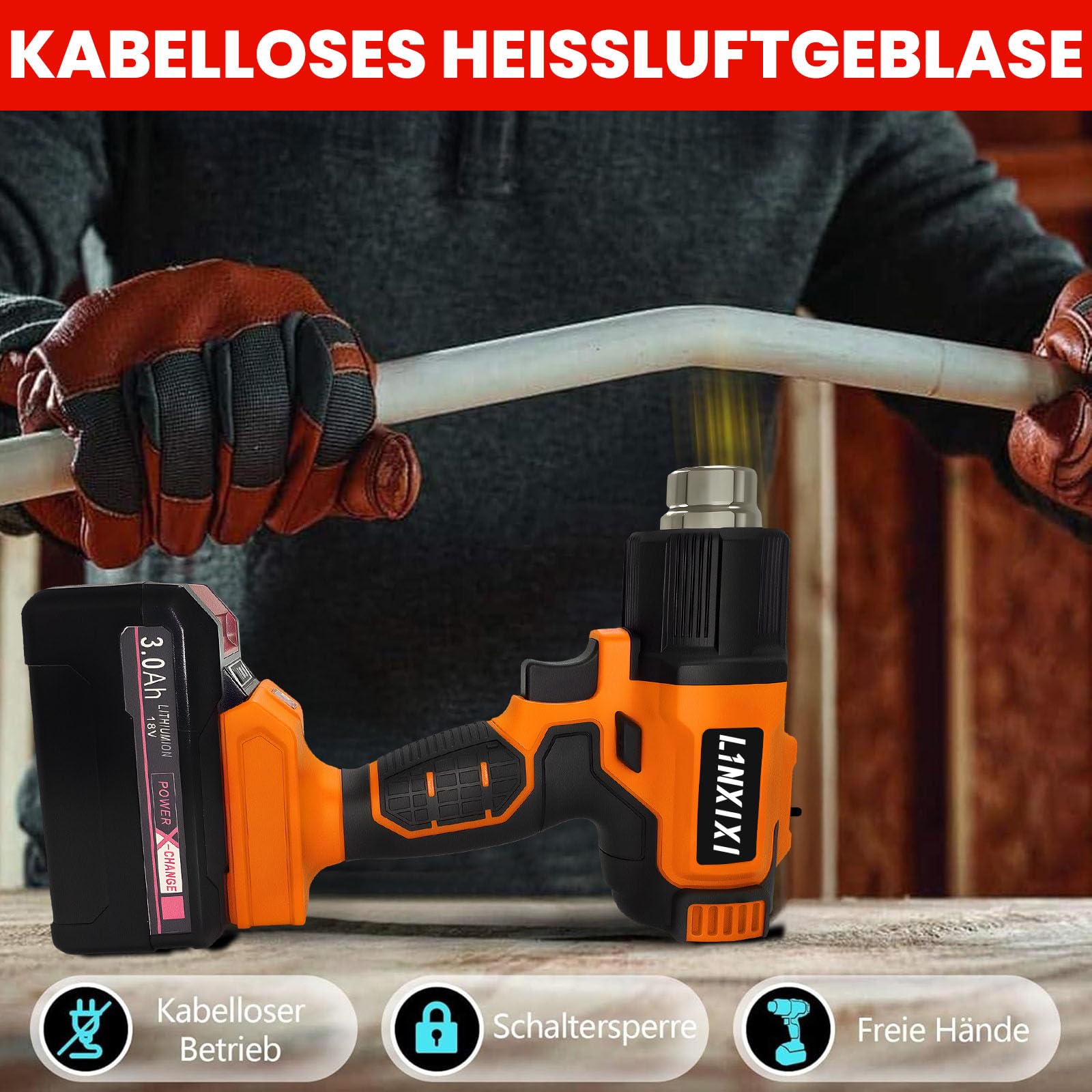 Akku Heißluftfön für 18V Eihelll Batterie, 50-550°C Manuelle Heißluftpistole mit LCD-Display, Einstellbarer Temperatur & Luftkontrolle mit 4 Edelstahldüse für DIY, Basteln, Abziehen(Ohne Batterie)