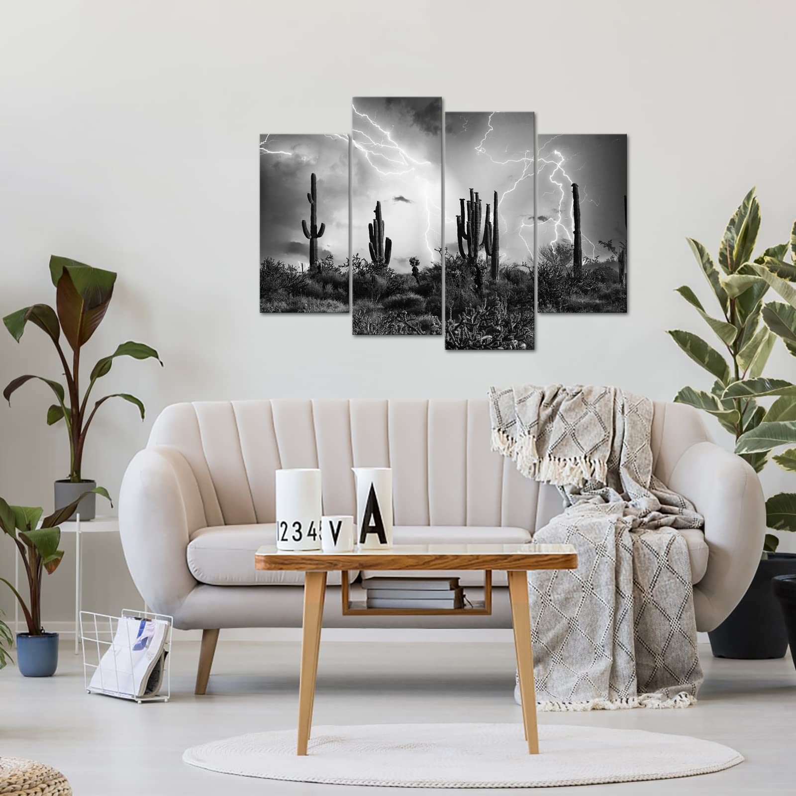 Nachic Wall 4 Paneele Schwarz und Weiß Landschaft Bild Saguaro Wüste in Beleuchtung Sturm Fotos Druck auf Leinwand Moderne amerikanische Arizona Landschaft Gemälde Gerahmt für Zuhause Haus Wohnzimmer