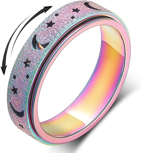 Miniatura 7 de OreilleStar - Anillo de mujer para la ansiedad, anillos giratorios de acero inoxidable para mujeres y hombres, luna y estrella, arco iris, talla 7