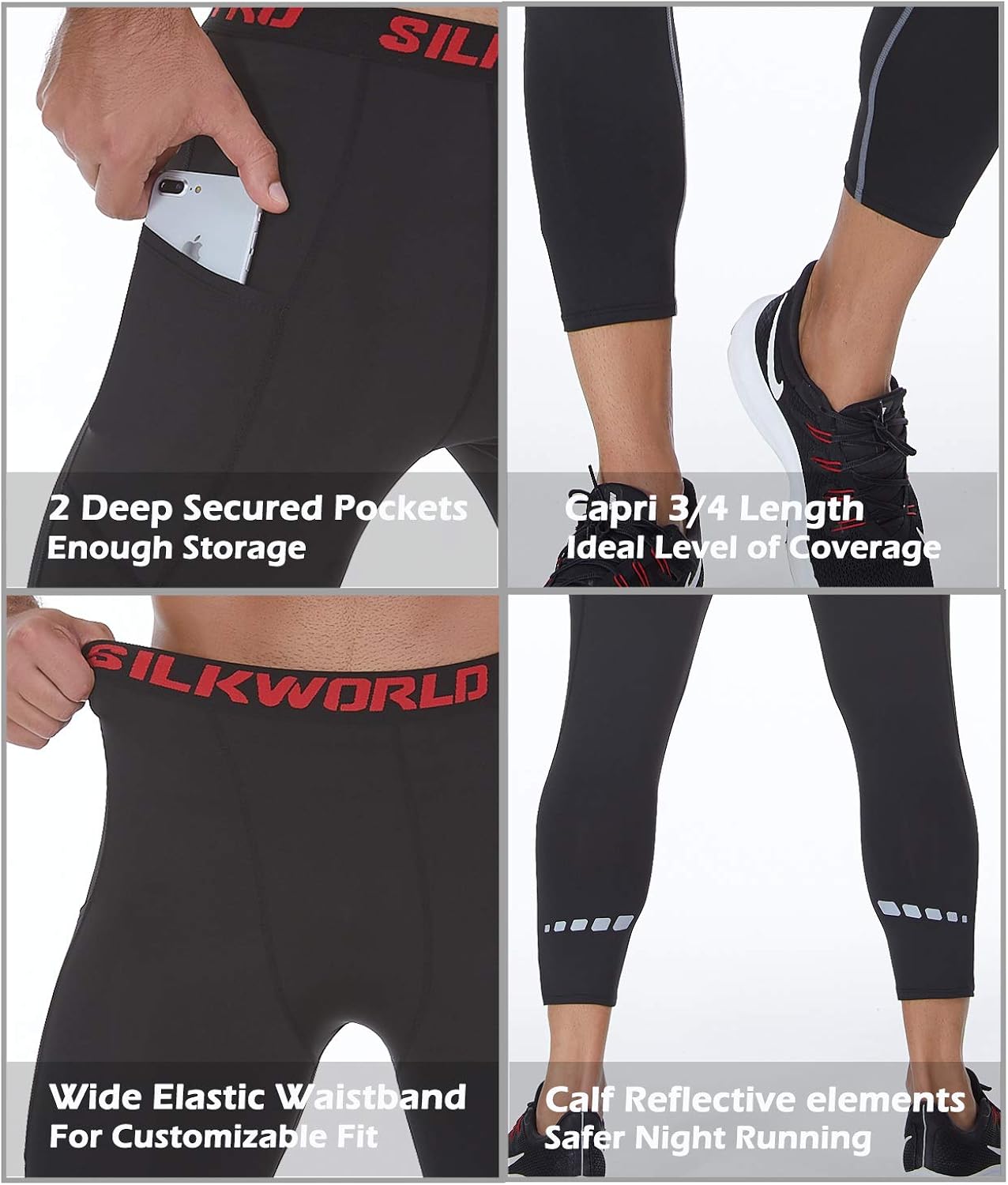 SILKWORLD Men's Thermal Compression Pants 1~2 Pack Athletic Leggings with Pockets