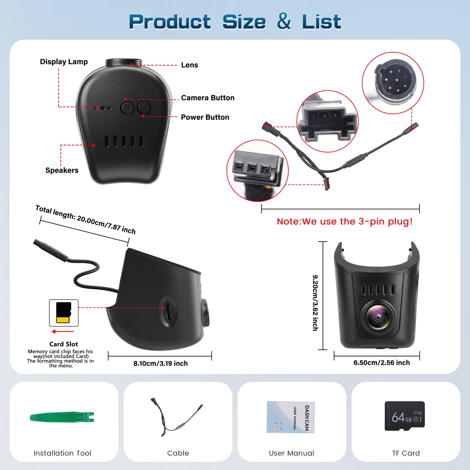 Dash Cam Compatibile Audi A3 A4 A5 A6 A7 A8 Q2 Q3 Q5 Q7 Q8 R8 | 4K OEM registratore di guida WiFi Controllo app, visione notturna, monitor di parcheggio,sensore G,64 GB