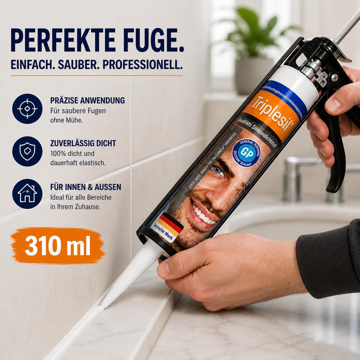 Triplesil Premium Silikon Dichtstoff – 1 ×310 ml Sanitärsilikon für fenster, Bad & Küche –Wasserbeständig–zum Abdichten-DIY Dichtmasse Innen & außenbereich (1x Transparent)