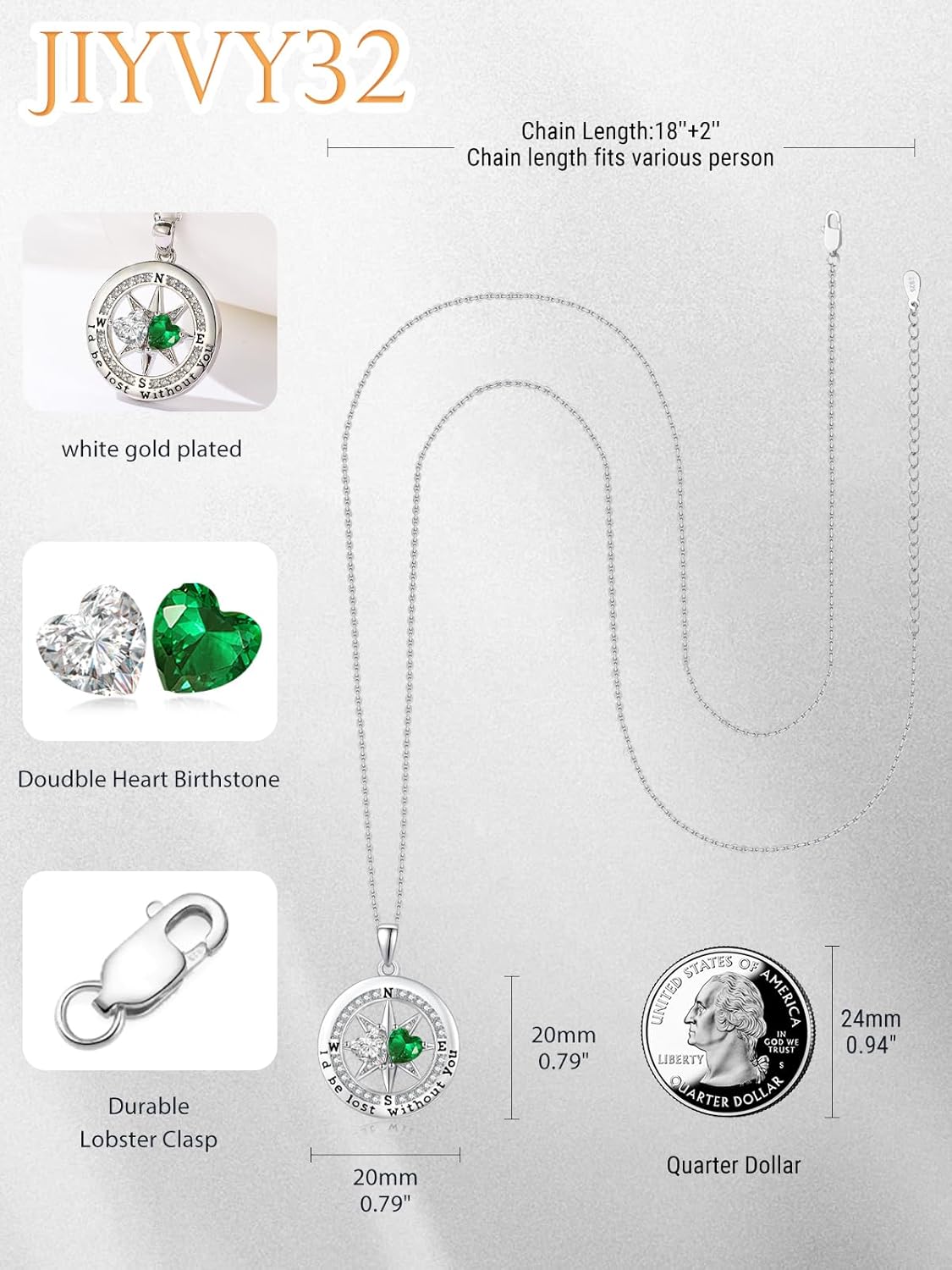 Valentines Day Necklace Gift for Wife Silver Compass Double Birthstone Pendant Necklaces for Her Wife Anniversary Birthday Gifts Diamond & Green Emerald April & May - Image 2